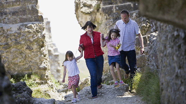 Family days out near Weymouth - family at Corfe Castle